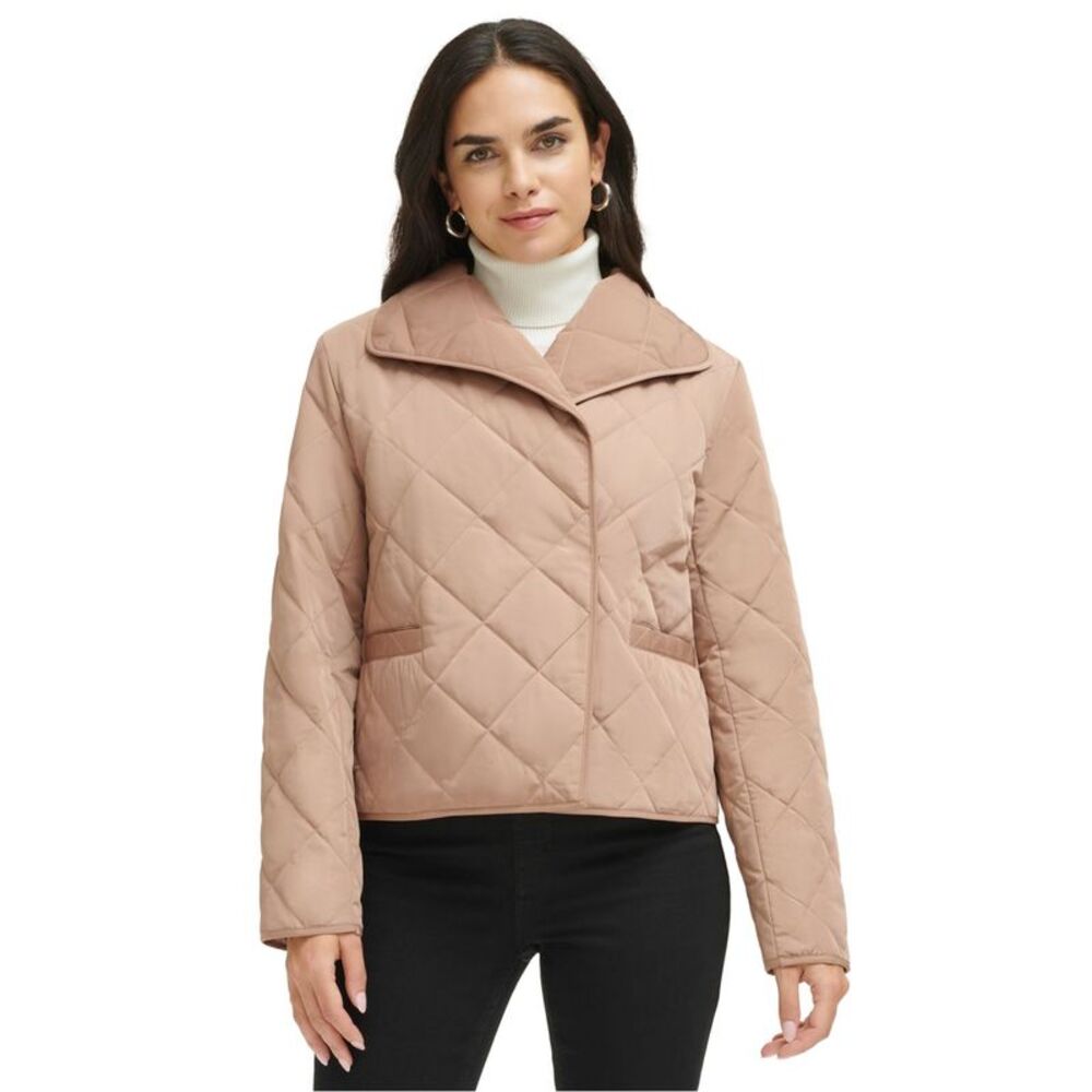 Calvin Klein Womens Collared Wrap Quilted Jacket, Beige, S, DM